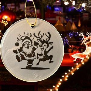 Retro Santa And Reindeer Black Frosted Glass Christmas Ornament New
